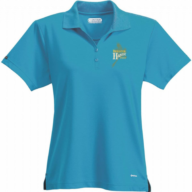 A women's short sleeve polo shirt in turquoise with a logo on the chest.