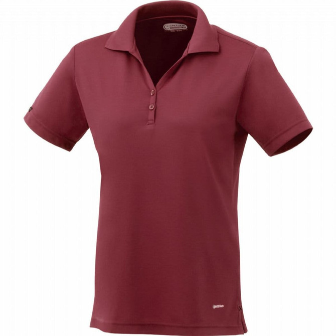 A women's short sleeve polo shirt in a deep burgundy colour, featuring a collar and three-button placket. It has a logo.