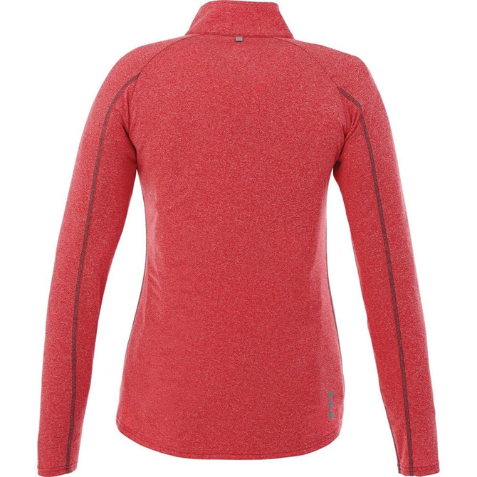 A red women's quarter zip jumper featuring long sleeves and a fitted design, with a subtle branding element.