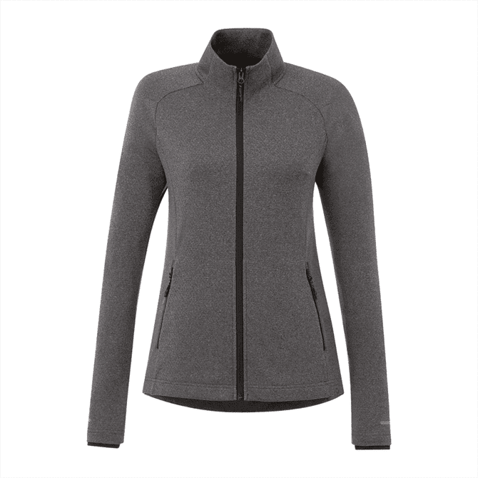 A women's grey jacket featuring a full zip front, high collar, and side pockets. It has a logo on it.