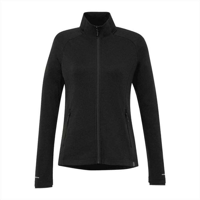 A black women's jacket with a zip front, long sleeves, and pockets. It features logo branding on the design.