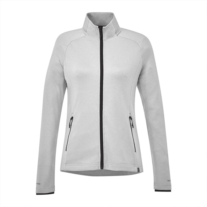 A women's eco knit jacket in light grey with a zip front and two side pockets. Features a logo on the sleeve.