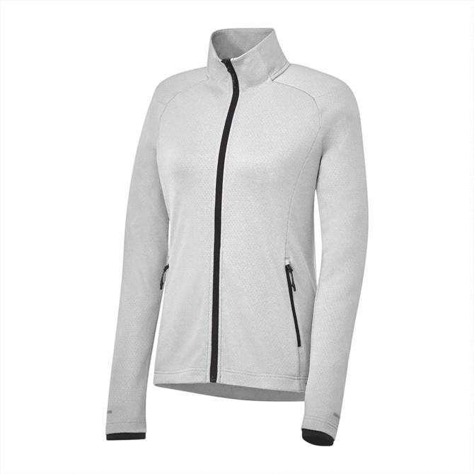 A women's jacket in light grey with a zip front, featuring two side pockets and a collar. It has a logo on it.