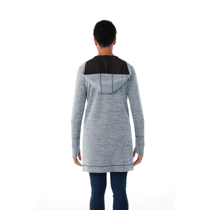 A woman’s light grey and black knit zip hoody, featuring a back view with a hood and long sleeves.