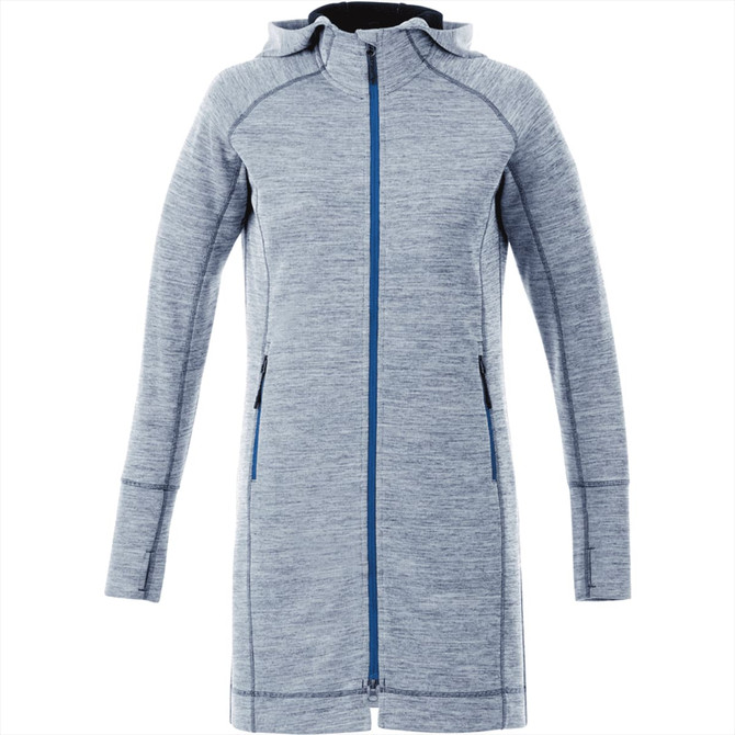 A women's grey knit zip hoody with a hood, featuring blue zippers and pockets. It has a sleek, modern design.