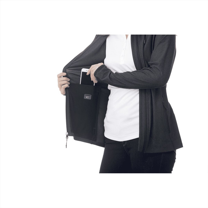 A black women's jacket, featuring a zippered interior pocket and a person holding a phone inside.