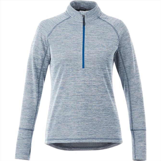 A women's knitted jumper in light blue, featuring a half zip and long sleeves. Designed with a logo.