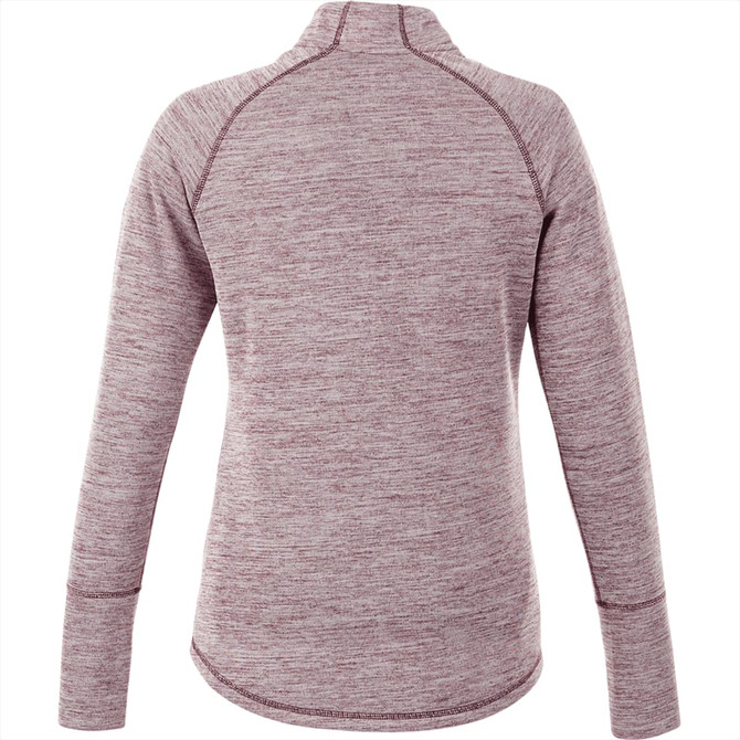 A knitted women's jumper in a maroon heather colour with a half-zip and long sleeves, featuring a branding logo.