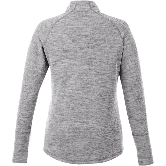A grey knitted jumper featuring a half zip, with long sleeves and a curved hem. Brand logo is present on the garment.