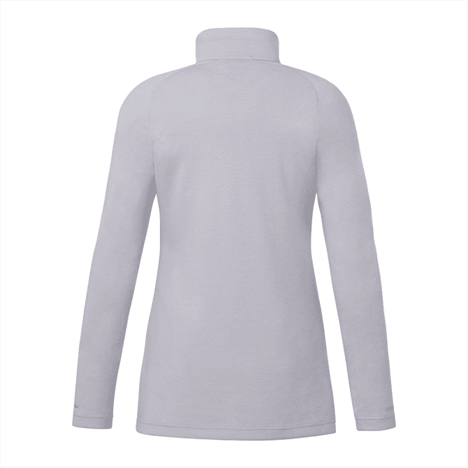 A light grey eco-friendly women's quarter zip jacket with a high collar and long sleeves. Features a logo.