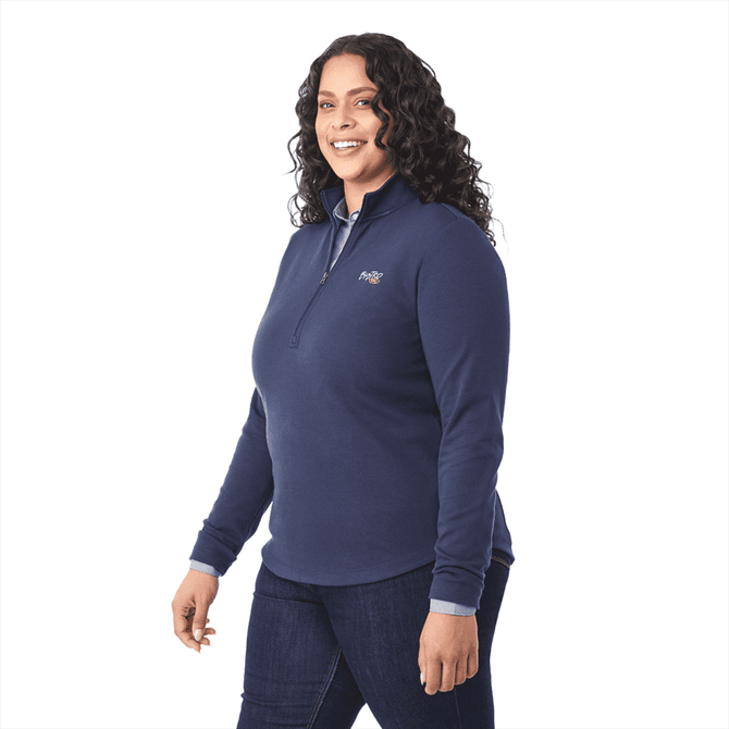 A women's quarter zip jacket in navy blue with a logo, featuring a fitted design and long sleeves.