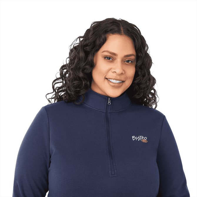 A navy quarter zip jacket for women with a logo, featuring a high collar and a stylish fit.