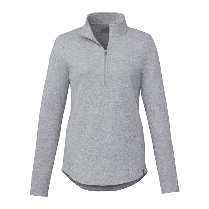 A light grey quarter zip jacket for women with long sleeves and a collar. Features a small logo.