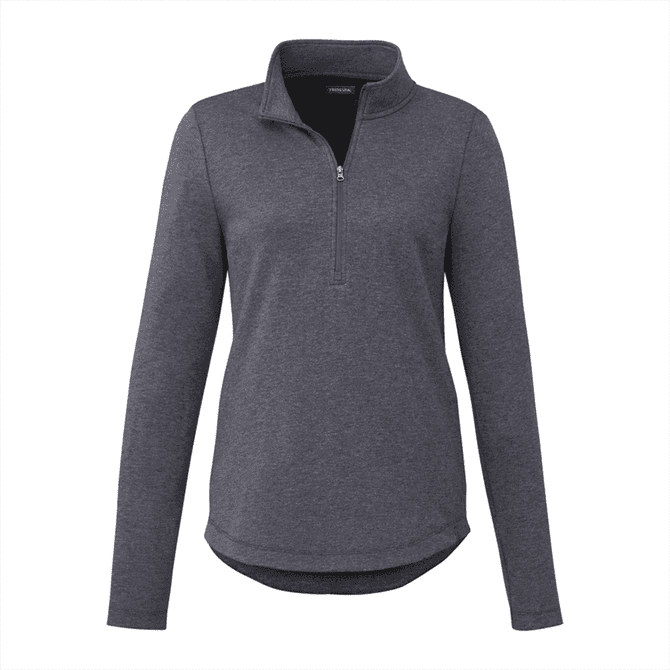 A dark grey quarter zip jacket for women, featuring long sleeves and a slight high-low hem. It has a logo.