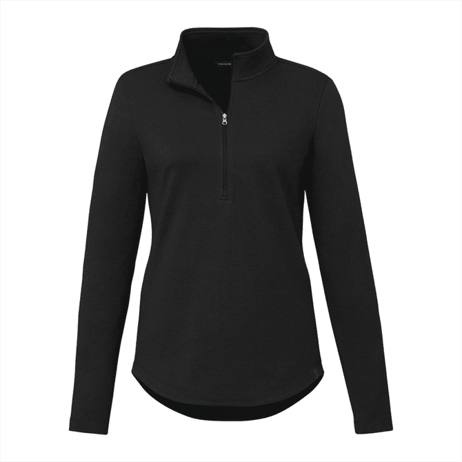 A black women's quarter zip jacket with long sleeves and a collar, featuring a small logo.