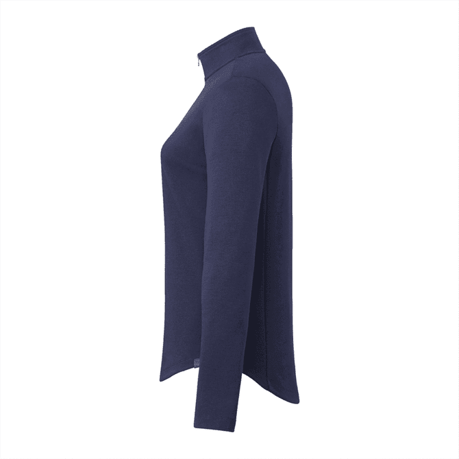 A navy quarter zip jacket for women, featuring long sleeves and a sleek design. It includes a branding logo.