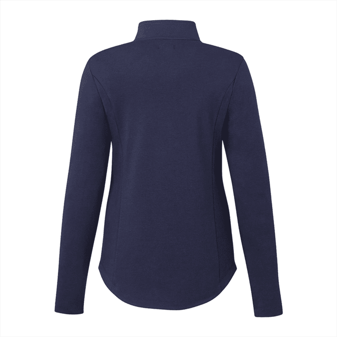 A navy women's quarter zip jacket with long sleeves and a high collar, featuring a logo.
