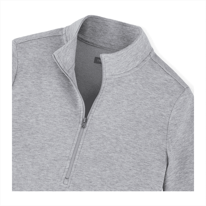 A grey quarter-zip jacket with a collar and branding, featuring a soft knit fabric.
