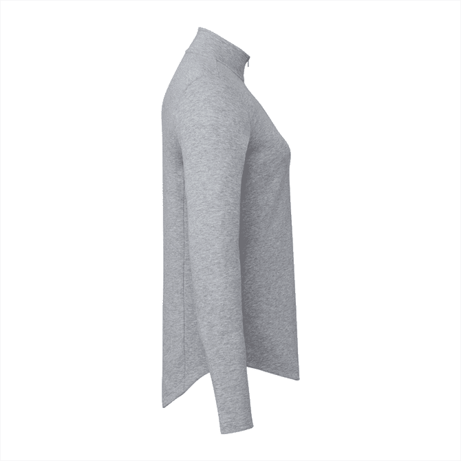 A grey quarter-zip jacket for women, featuring a sleek design and long sleeves, with a logo on the fabric.