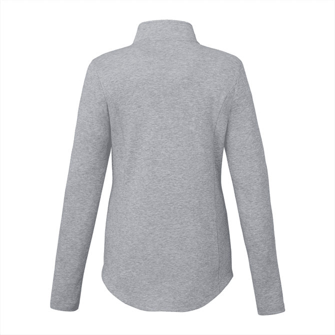 A grey quarter zip women's jacket with long sleeves and a soft knit texture. It features a logo on the back.