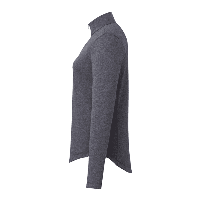 A women's quarter zip jacket in grey, featuring long sleeves and a collar, with a logo present.