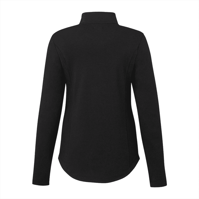 A black women's quarter zip jacket with long sleeves and a collar. Features a logo on the back.