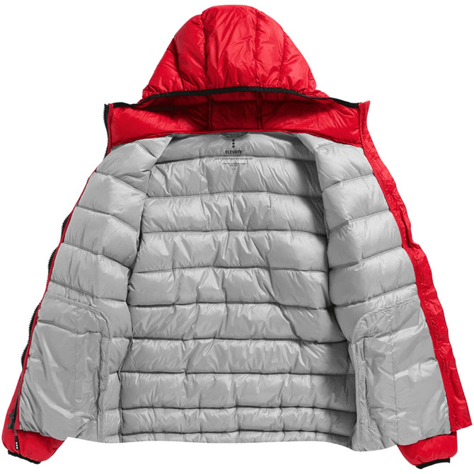 A red women's puffer jacket with a grey inner lining and a hood, featuring a logo on the inside.