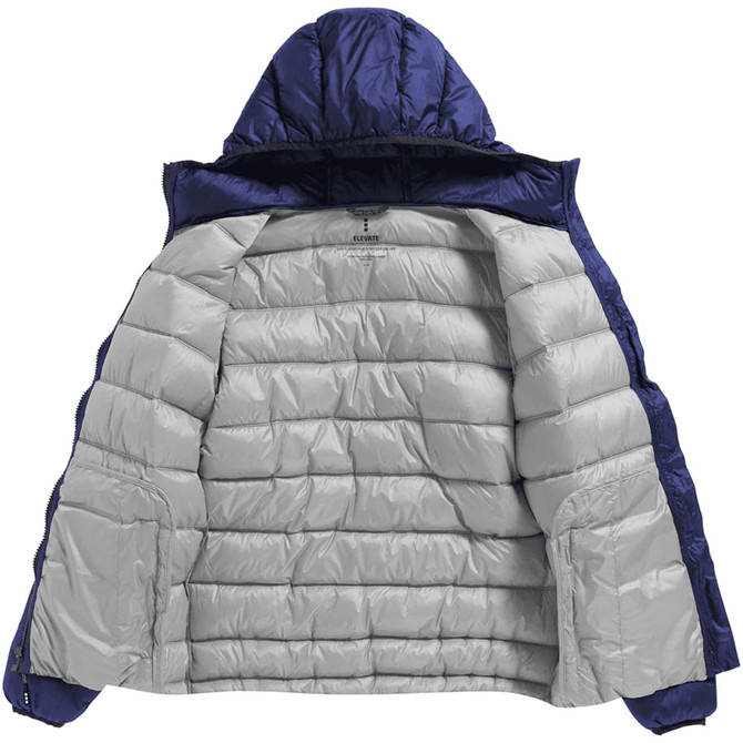 A women's puffer jacket in navy blue, featuring an insulated interior in light grey and a hood.