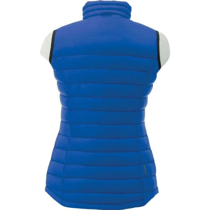 A women's down vest in vibrant blue with a sleek, padded design and a high collar. It features a logo.