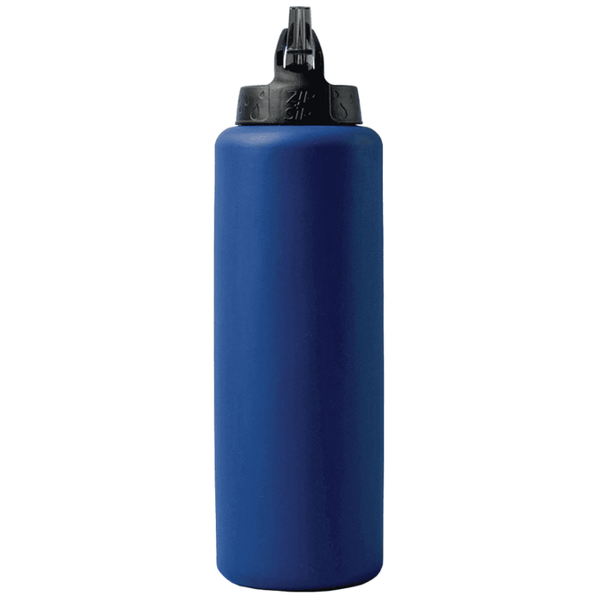 A drink bottle in a deep blue colour with a black cap and a built-in spout. It features a logo on the body.