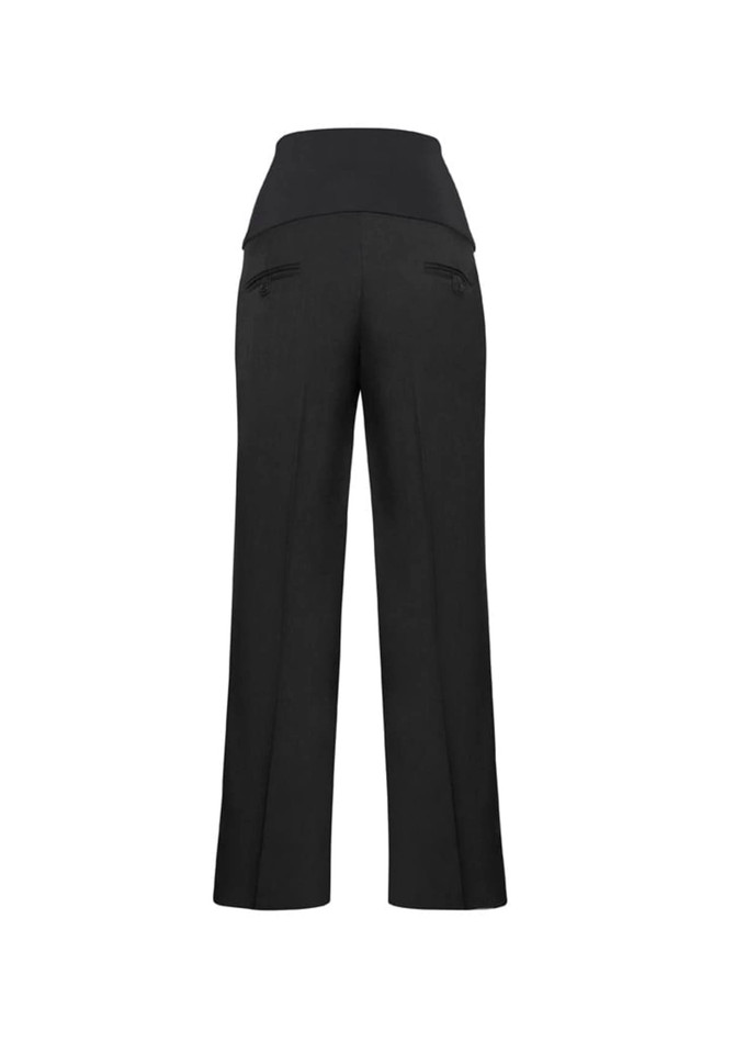 A pair of black maternity pants with a wide waistband and back pockets, featuring a structured cut.