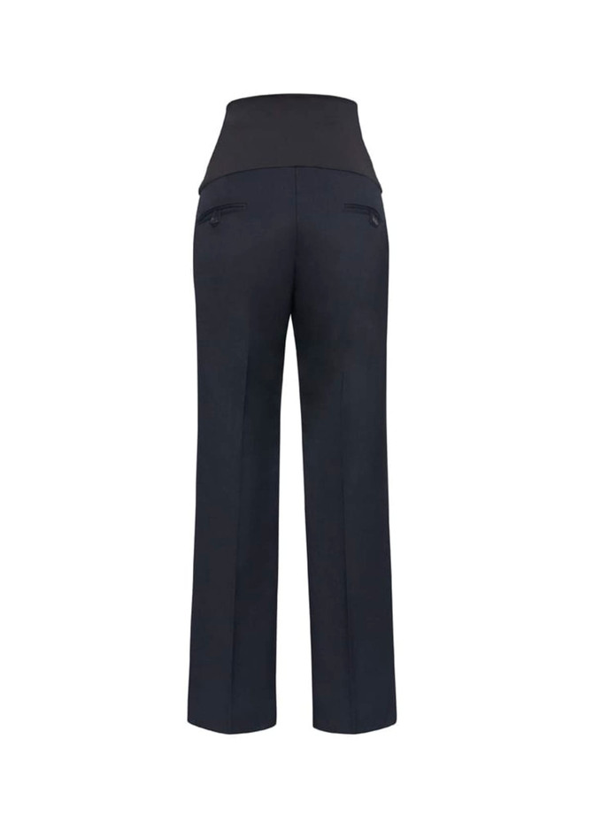 A pair of navy maternity pants featuring a high waistband and back pockets, with a logo present.