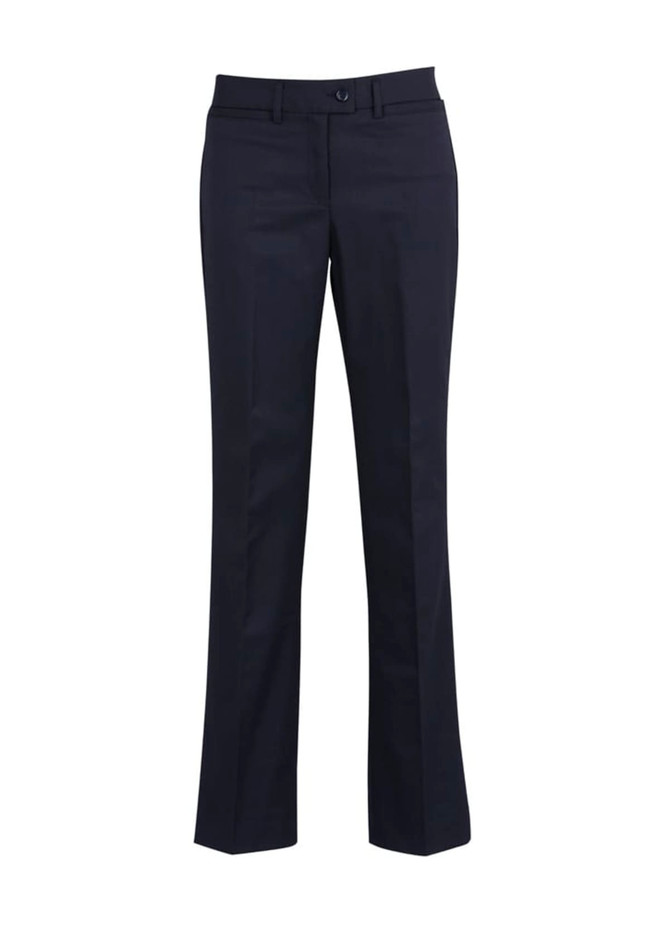A pair of dark navy relaxed pants with a straight leg and front pockets. The pants feature a button closure and a logo.