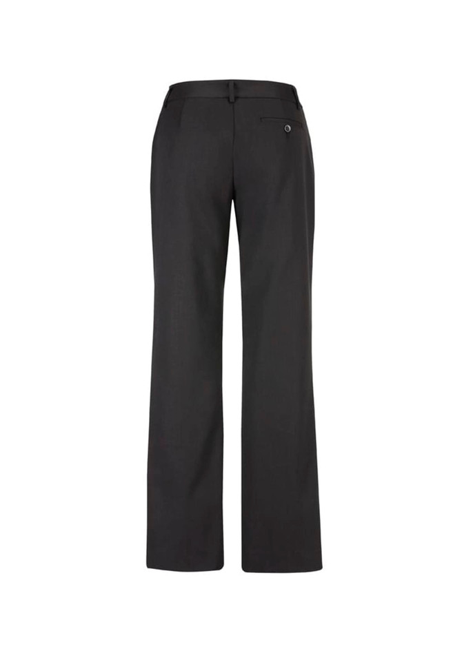 Black women's relaxed pants with a straight leg design and a single back pocket, featuring a logo.
