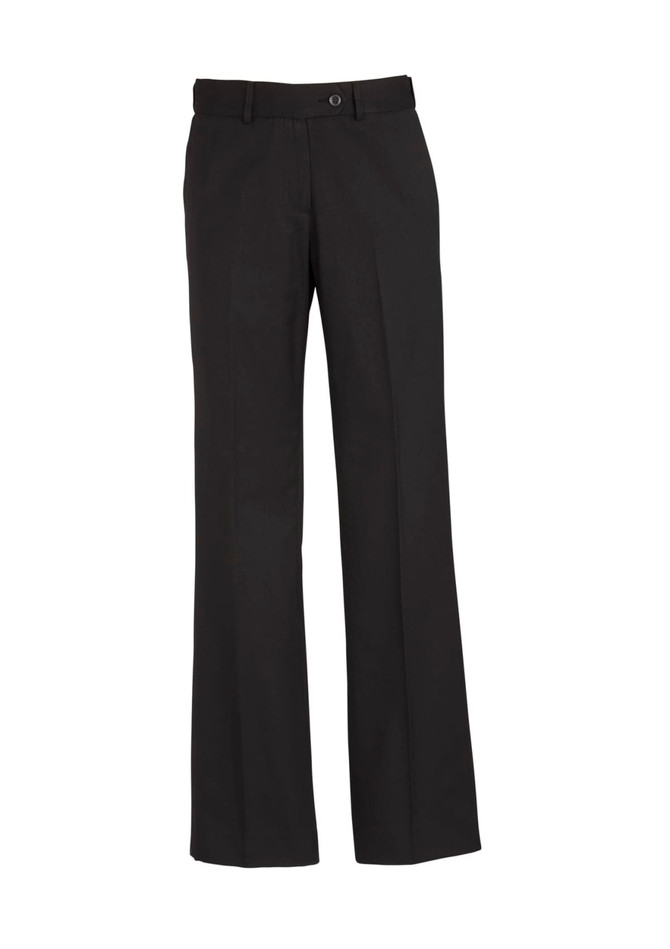 A pair of black women's slacks with an adjustable waist and straight leg design. Features a button closure and belt loops.