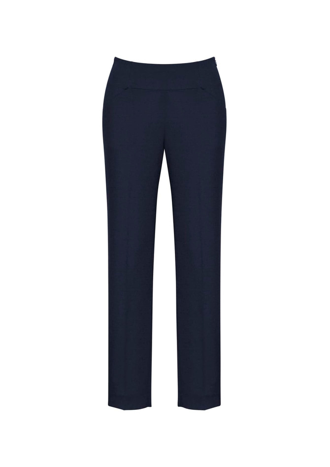 A pair of women's slim leg pants in navy blue, featuring a bandless design and a sleek, minimalistic look.