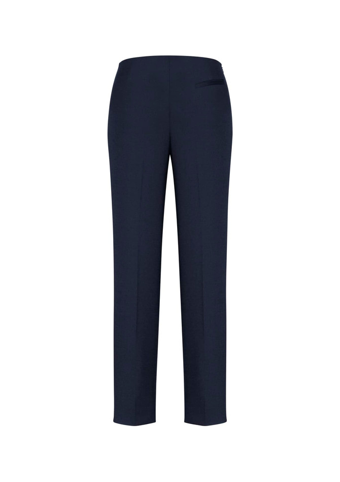 Navy women's slim leg pants with a smooth finish and a single back pocket. Features a bandless design.