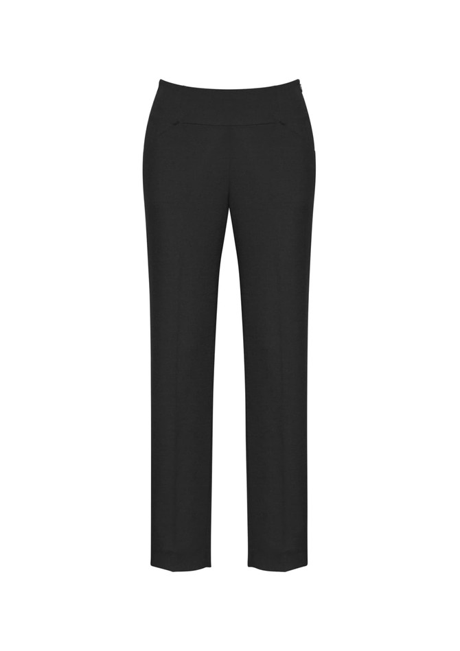 A pair of black slim leg pants with a bandless waist and front pockets, featuring a logo.