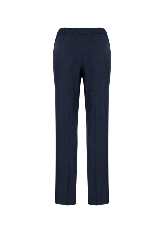 A pair of navy blue women's pants with an elastic waistband, featuring a straight leg design and no visible detailing.