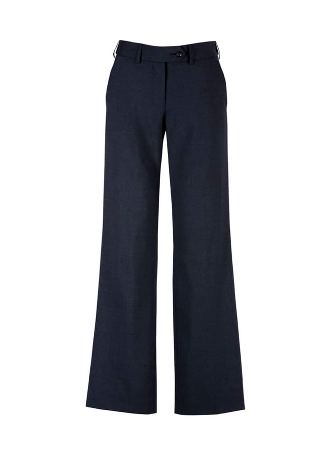 A pair of women's dark navy wool stretch pants with an adjustable waist and flared legs, featuring a waistband logo.