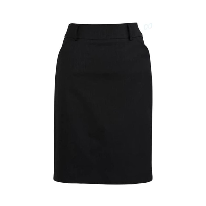A black multi-pleat skirt with a fitted waistband, featuring a logo. Suitable for various occasions.