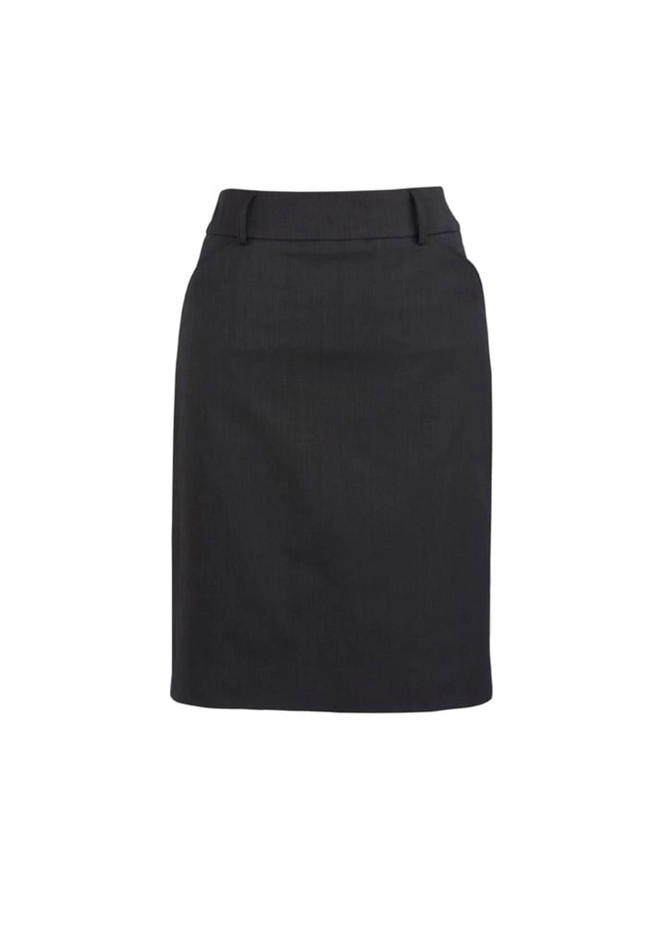 A black multi-pleat women's skirt with a fitted design and discreet branding.