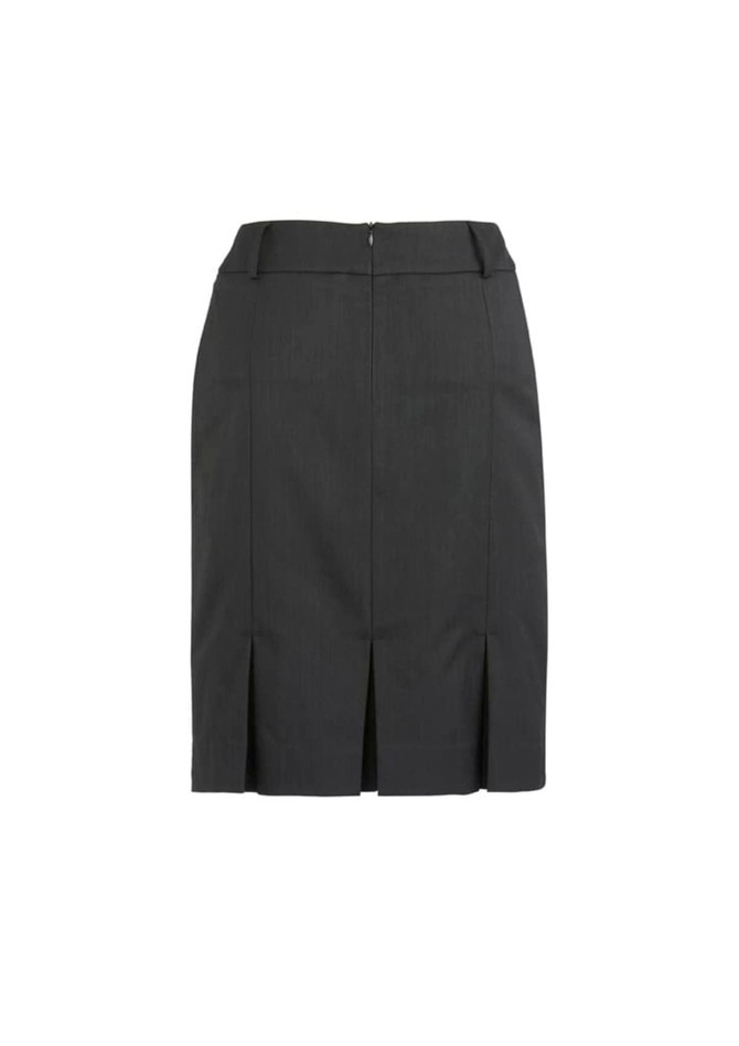 A black multi-pleat skirt with a fitted design and a concealed zipper at the back. It features a waistband and pleats.