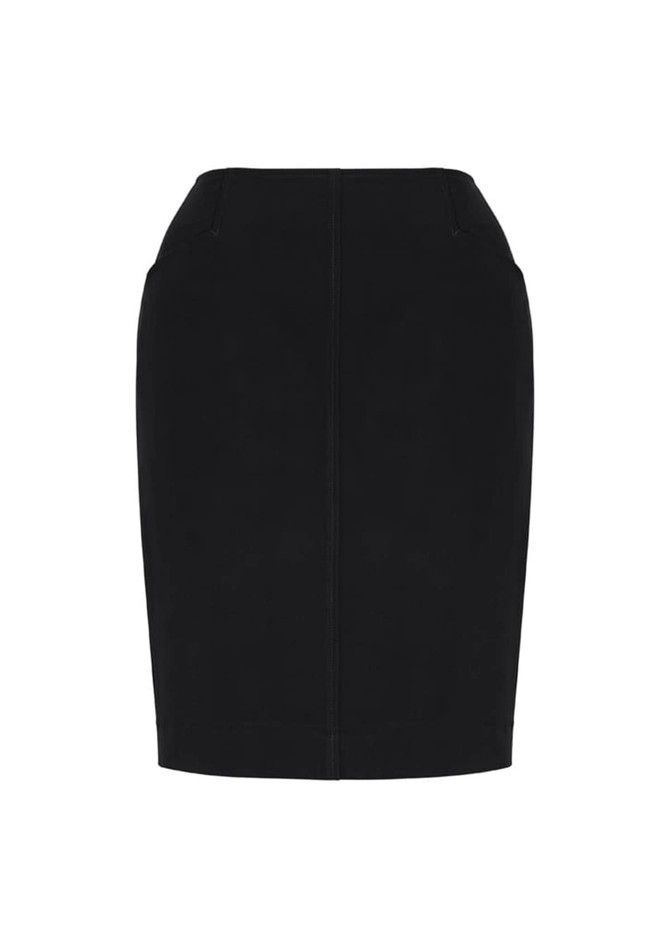 A black pencil skirt with a bandless design and two pockets at the front. It features a fitted silhouette.