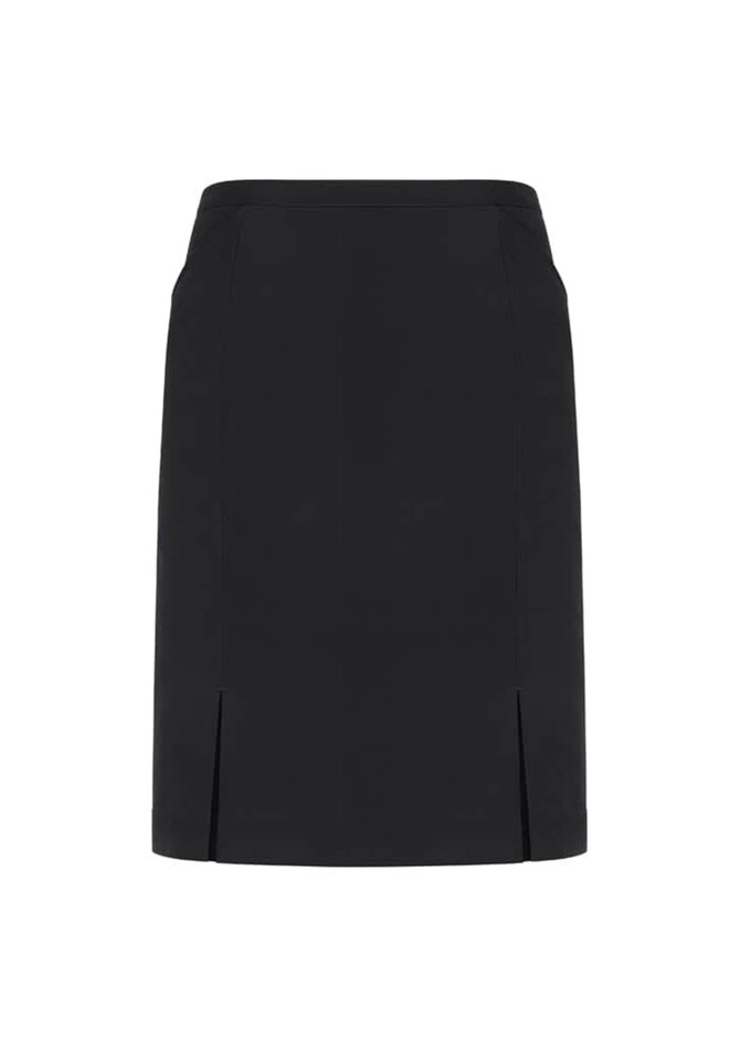 A black straight skirt featuring front pleat details and a classic design. It includes a branding logo.