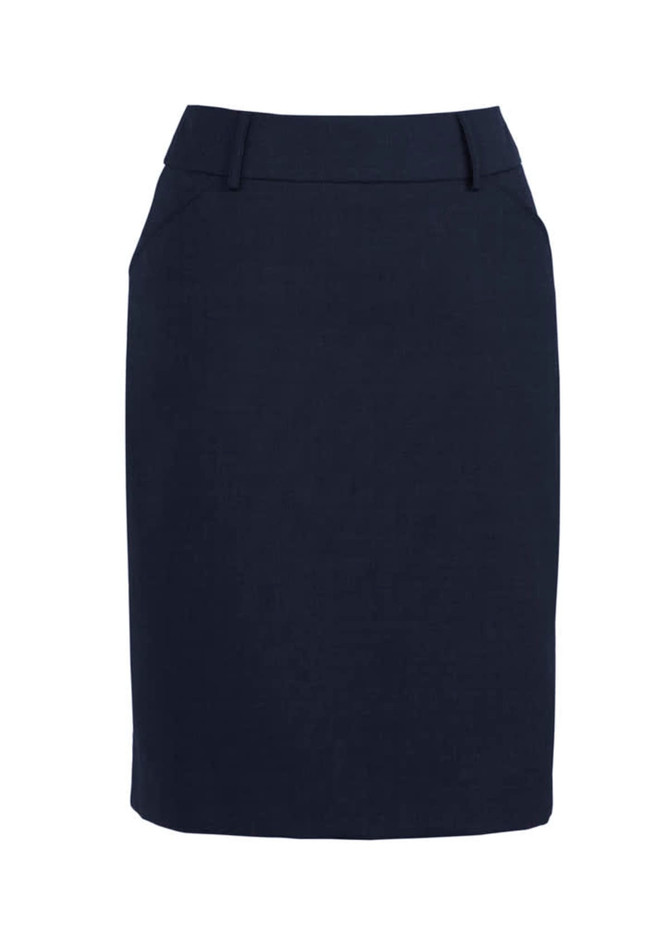 A women's comfort wool stretch multi-pleat skirt in dark navy, featuring a fitted design and waistband with pockets.
