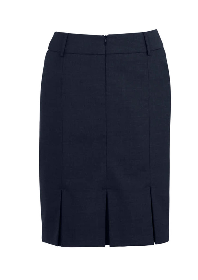 A dark navy wool stretch skirt featuring multi-pleats and a zipper closure at the back.