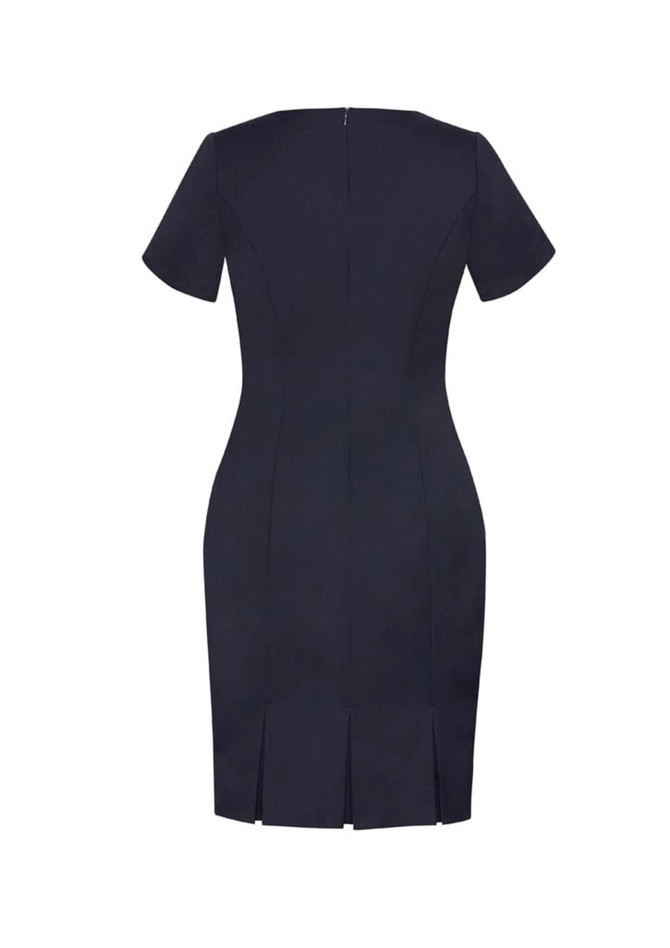 A navy blue women's short sleeve shift dress featuring a fitted design and back zipper closure.