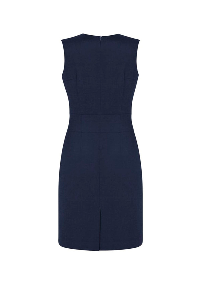 A navy sleeveless V-neck dress featuring a fitted silhouette and a back zip closure.