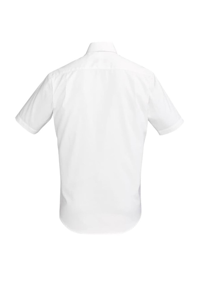 A short-sleeved, white button-up shirt featuring a collar and a plain back design. It has a logo tag.